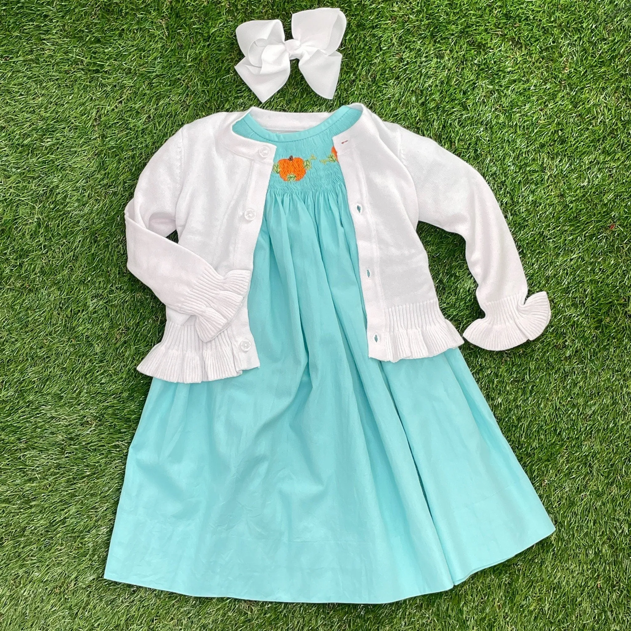 Smocked Pumpkin Bishop Dress in teal