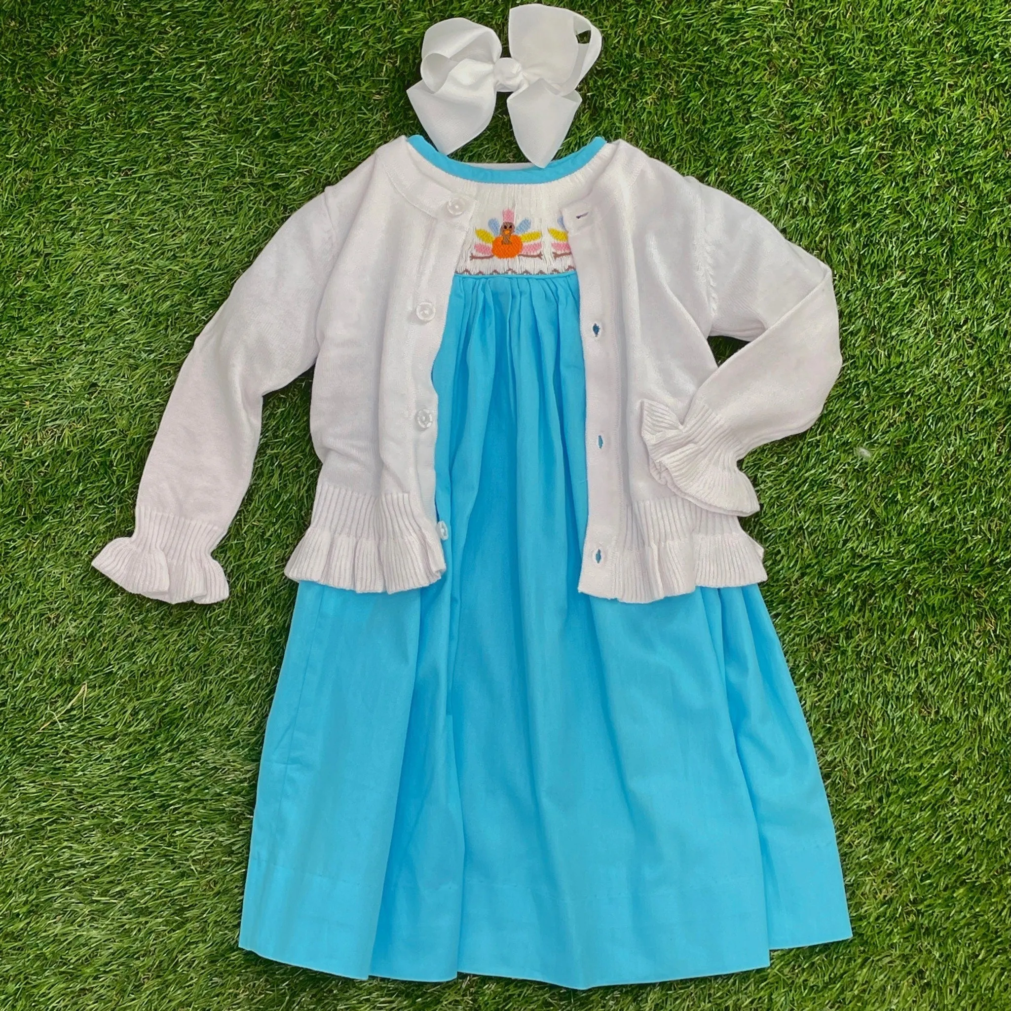 Smocked Turkey Dress in Blue