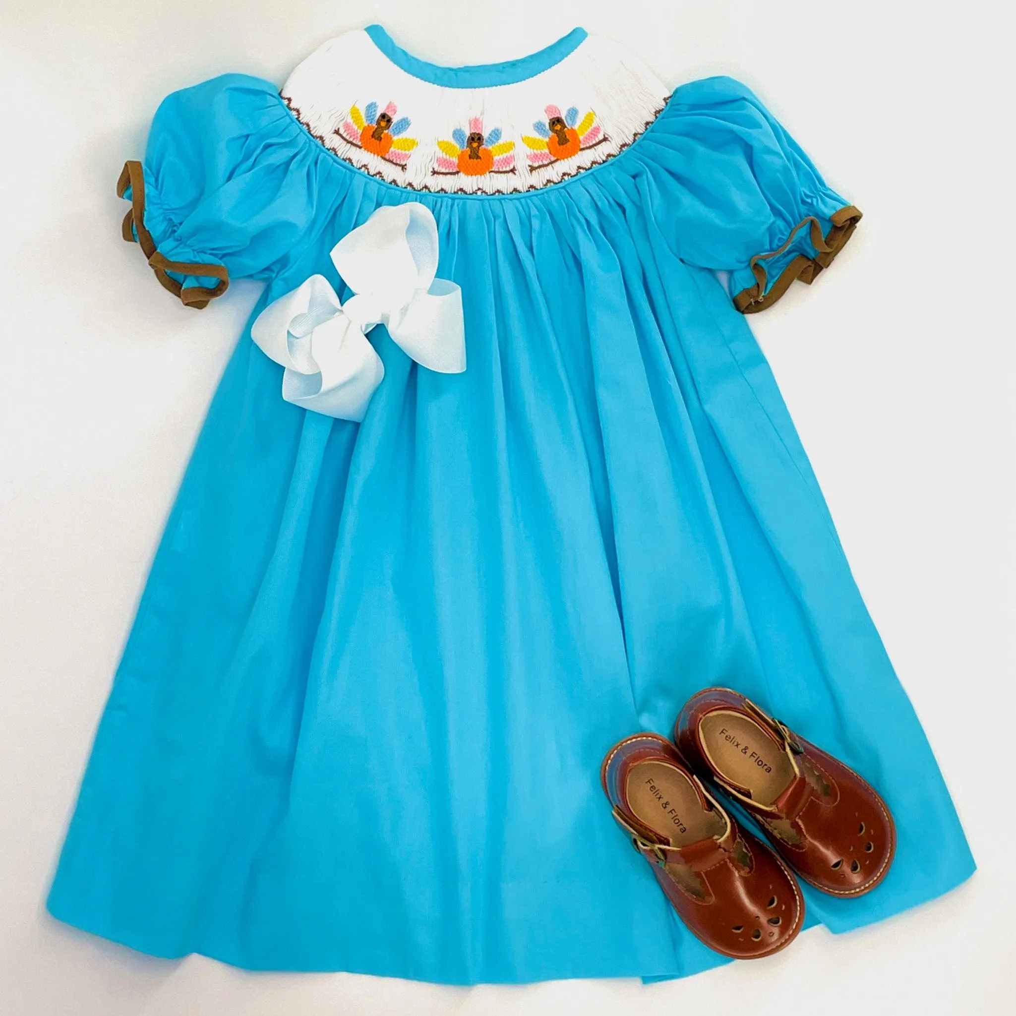 Smocked Turkey Dress in Blue