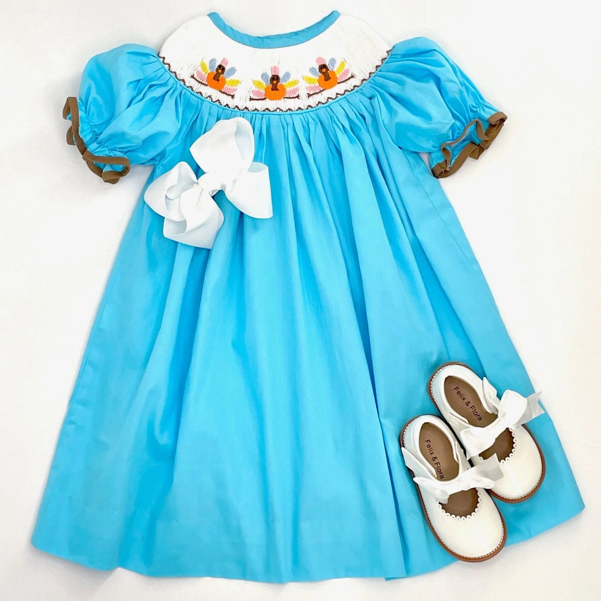 Smocked Turkey Dress in Blue