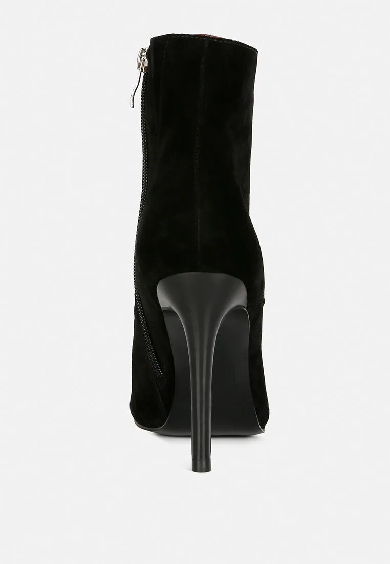 SULFUR Black Suede Leather Stiletto Ankle Boot