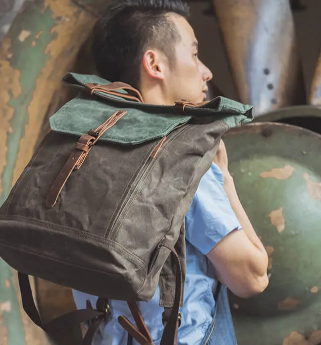 Handmade Leather and Waxed Canvas Vintage Unisex School Bag Travel Backpack Rucksack NX098