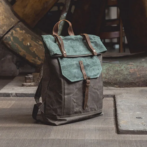 Handmade Leather and Waxed Canvas Vintage Unisex School Bag Travel Backpack Rucksack NX098