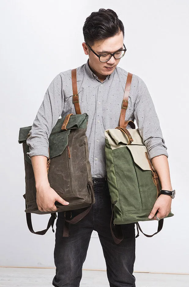 Handmade Leather and Waxed Canvas Vintage Unisex School Bag Travel Backpack Rucksack NX098