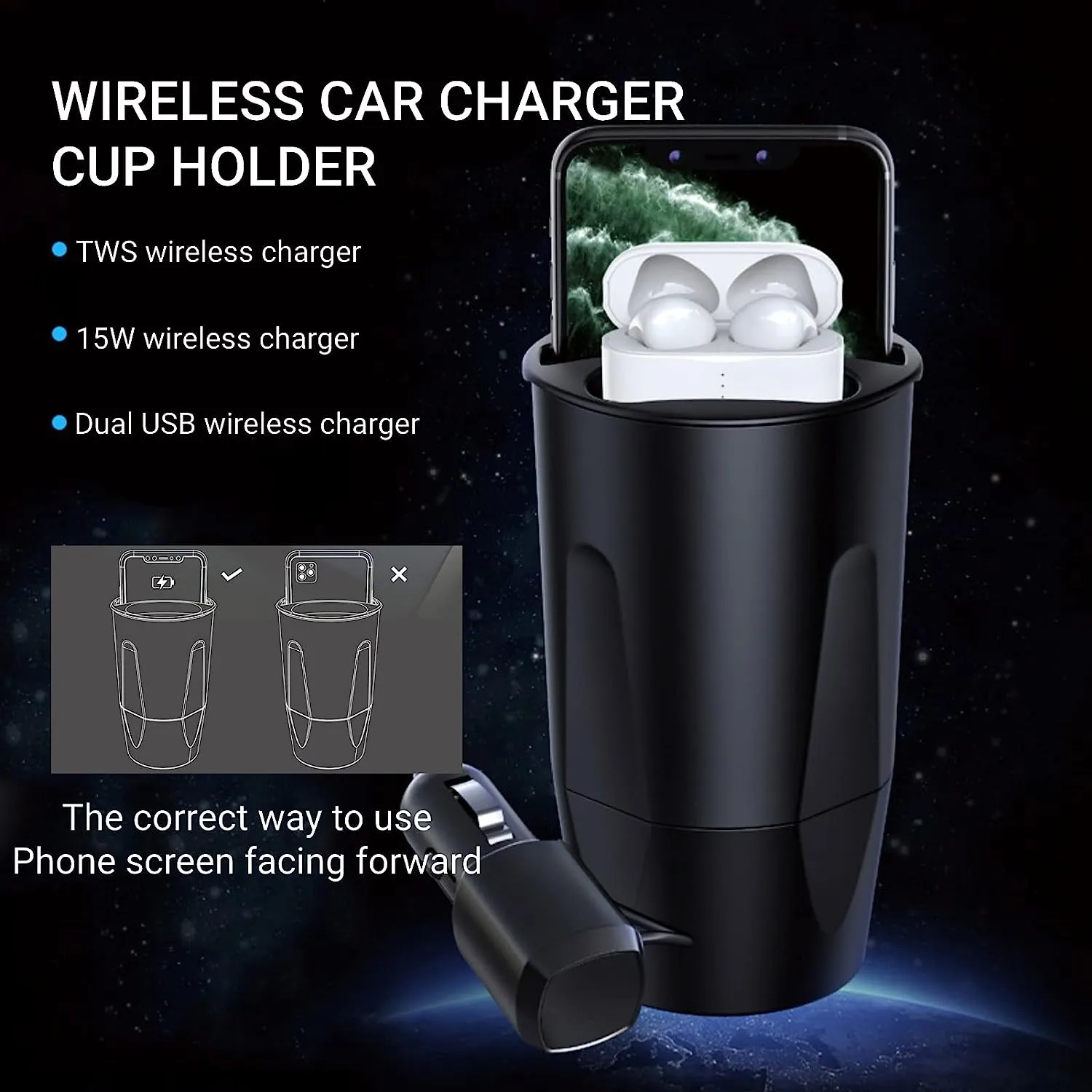 Wireless Car Charger Cup Holder, USB/USB C Wireless Car Phone Charger