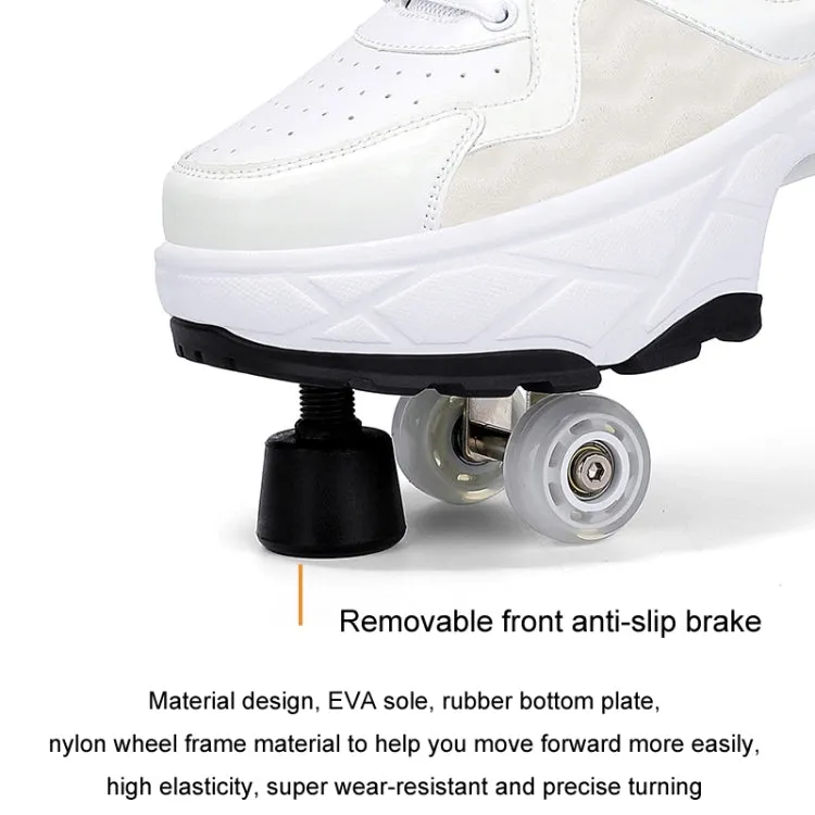 With Brakes Deformable Four-wheel Retractable Double-row Dual-purpose Roller Skates, Size: 38(DF08 White Black)