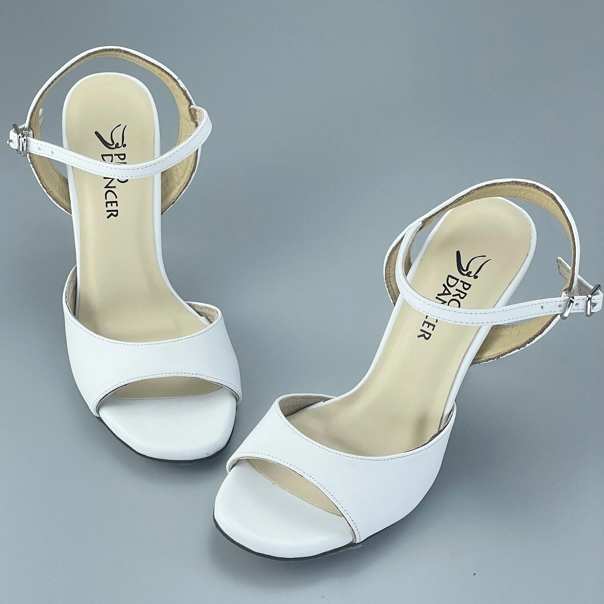 Women's White Tango Shoes High Heel Dance Sandals Leather Sole